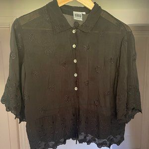 Johnny Was Semi Sheer Floral Embroidered Button Down Shirt. Size XS